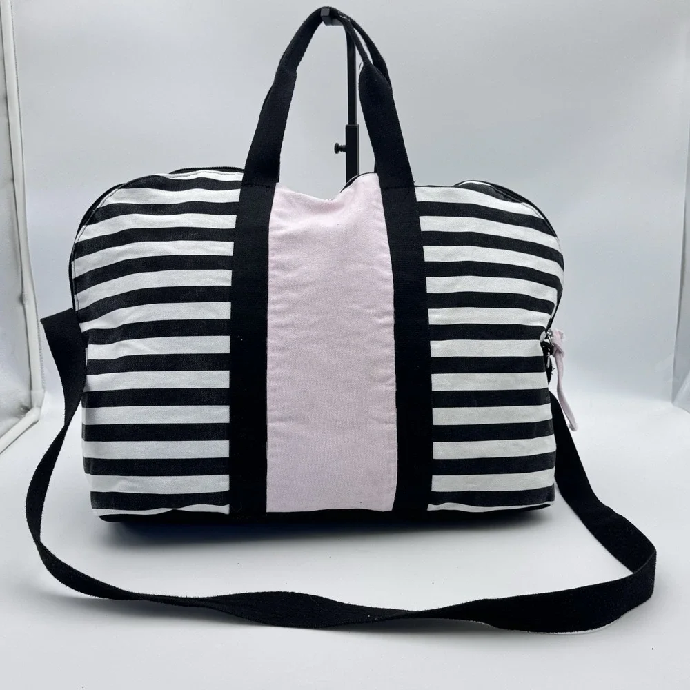 Victorias Secret Overnight Duffle Bag Weekend Tote VS Pink Black Stripe Crossbod